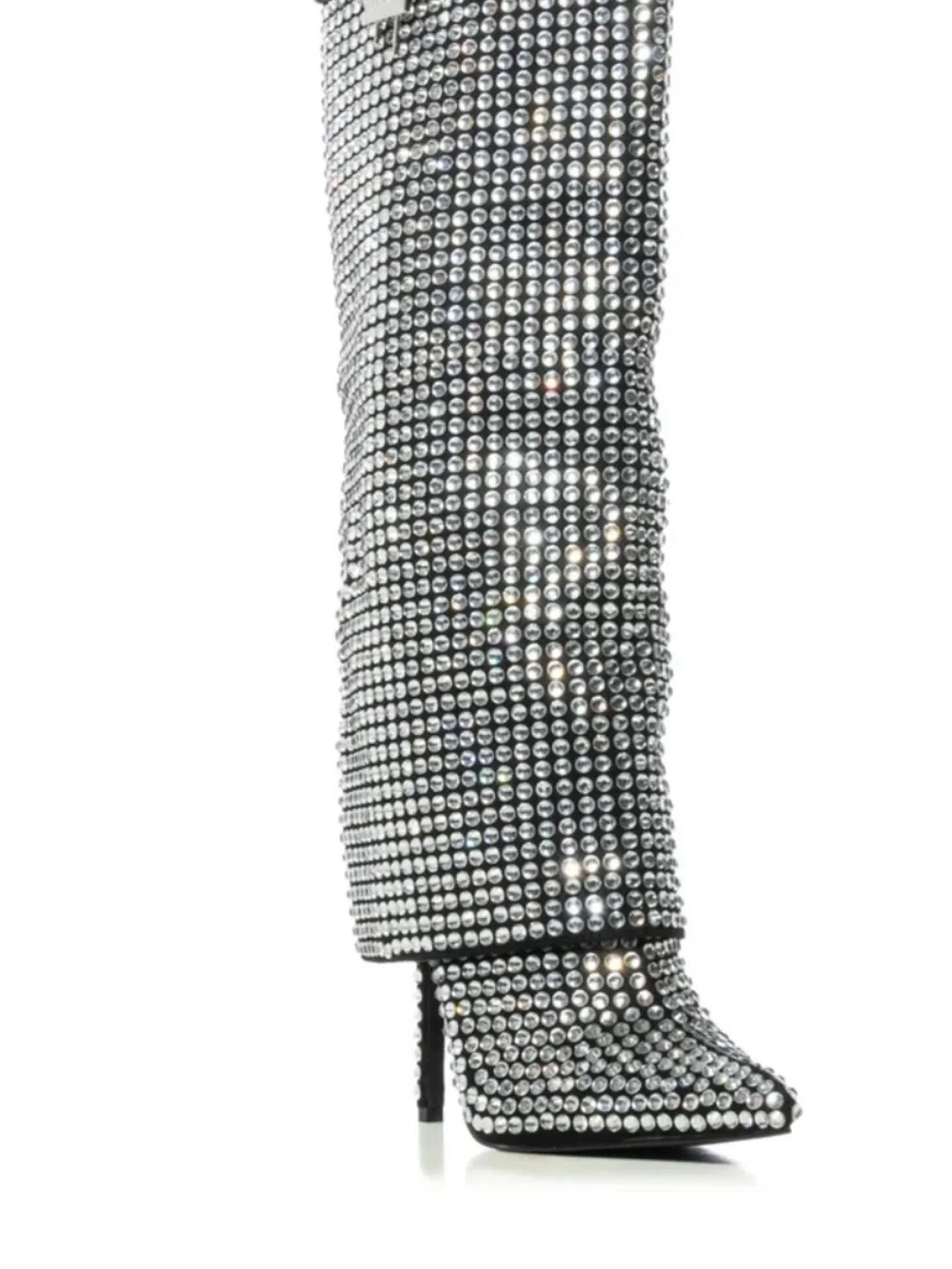 Rhinestone-Embellished Black Over-the-Knee Stiletto Boots